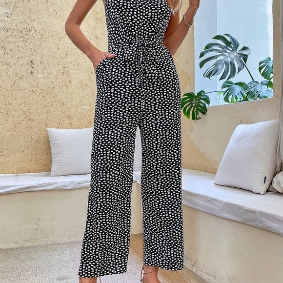 New Dalmatian Print Tie Front Slant Pockets Jumpsuit - Picture 6 of 6